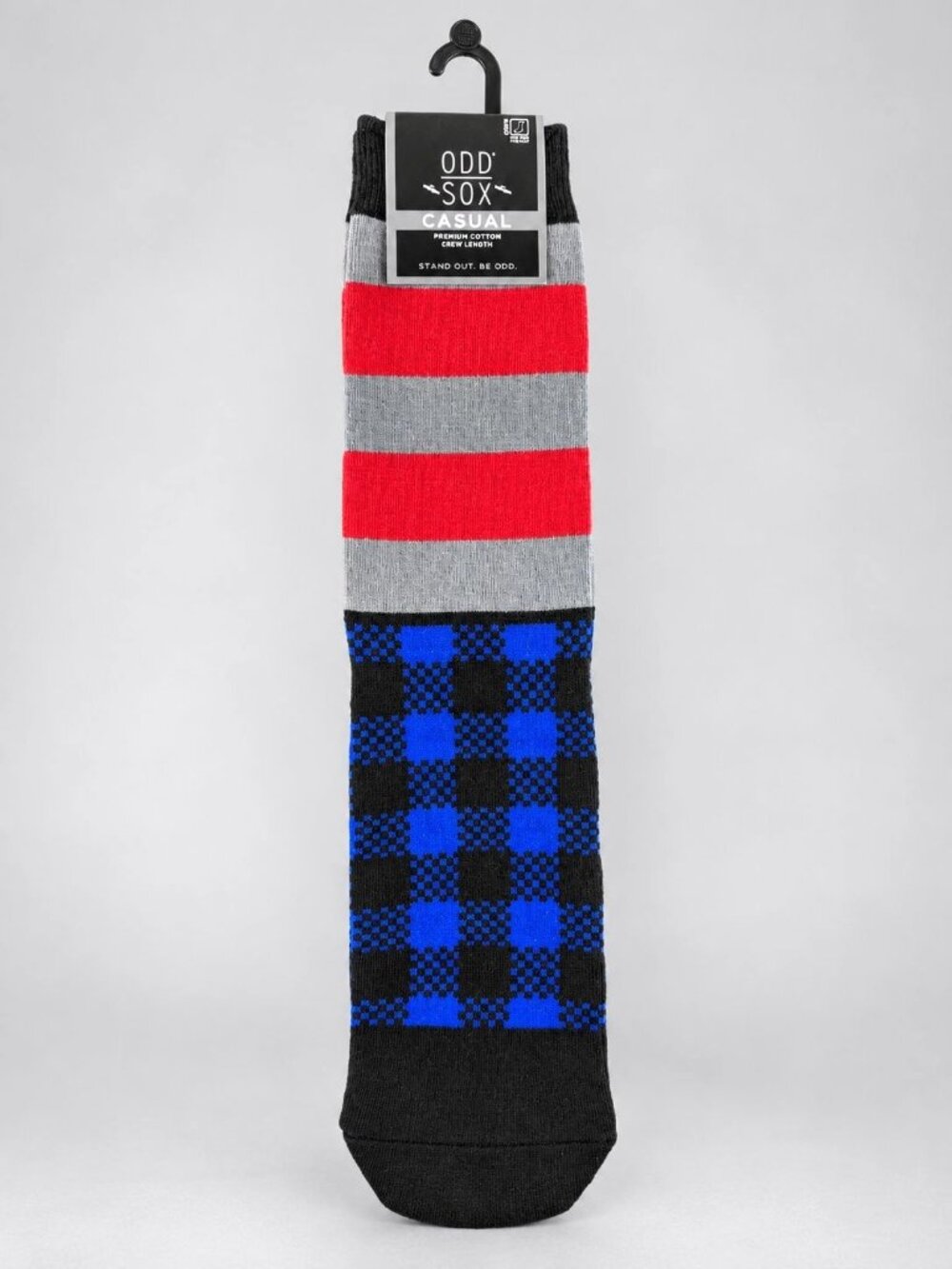 Odd Sox Mens 8-12 Dress Socks Large Grey Red Stripe with Blue Plaid - NEW